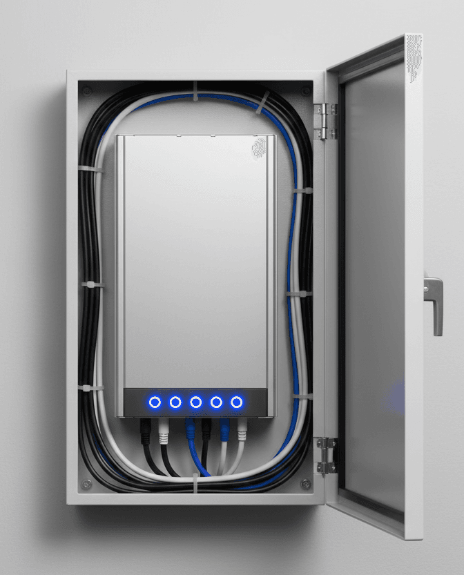 NBN Ready Solutions - Modern wireless emergency lift communication equipment installed in wall-mounted enclosure with monitoring and control systems